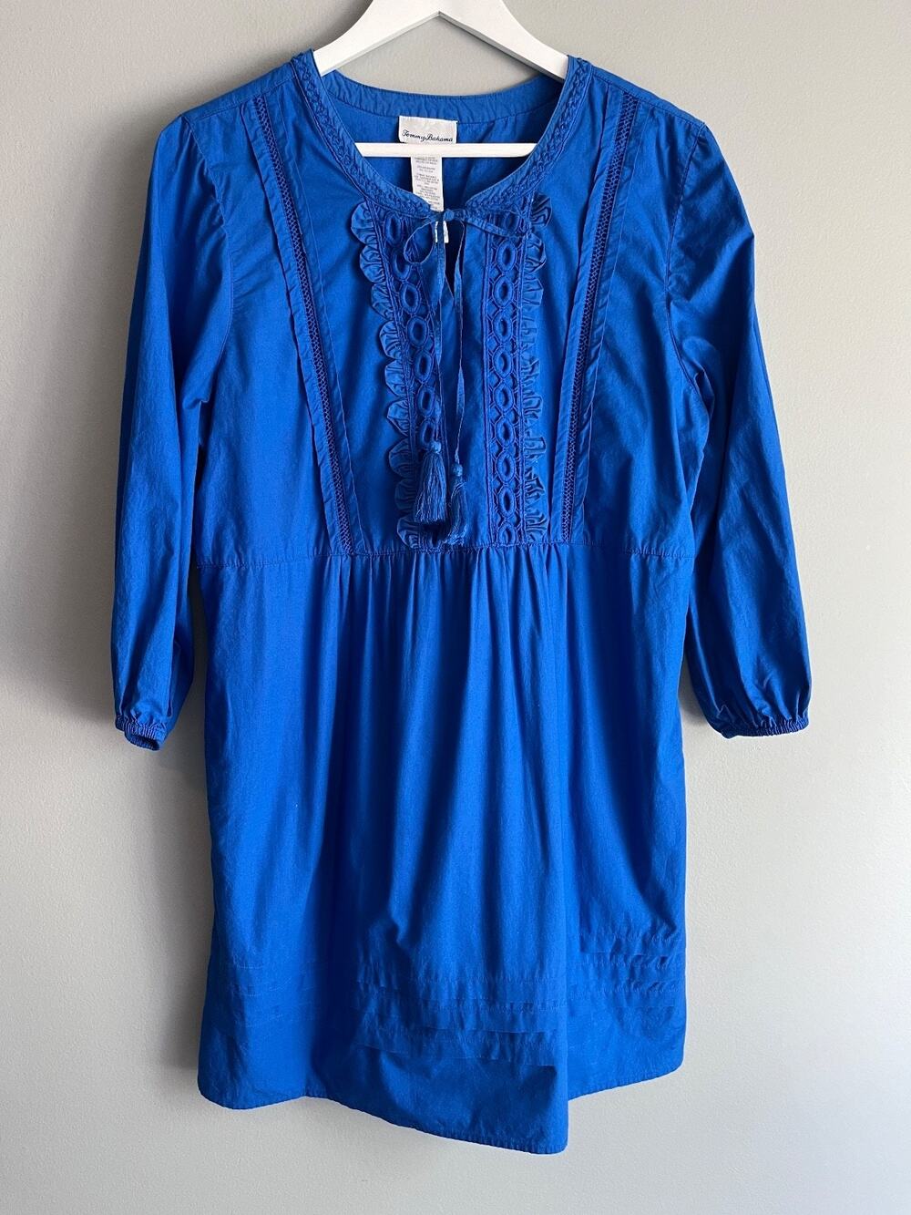 Tommy Bahama Tunic Dress Women's M Blue Embroidered Tassel Resort Boho Coastal
